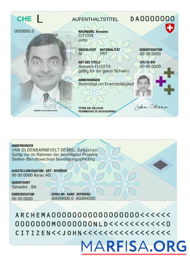 Printable Switzerand residence permit 2020 present sample